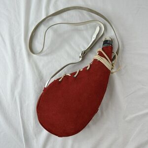 Suede‎ Leather Covered Bota Bag Wine Skin Cowboy Style Travel Canteen Rare Red